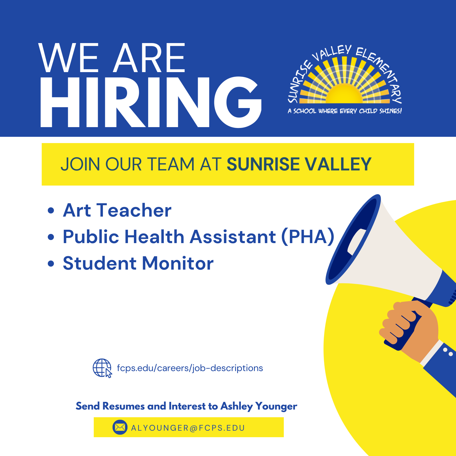 looking to hire an art teacher, Public health assistant (PHA), and student monitor