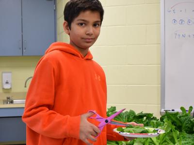 a photo of student getting lettuce